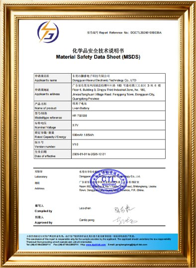 MSDS Battery for shipment